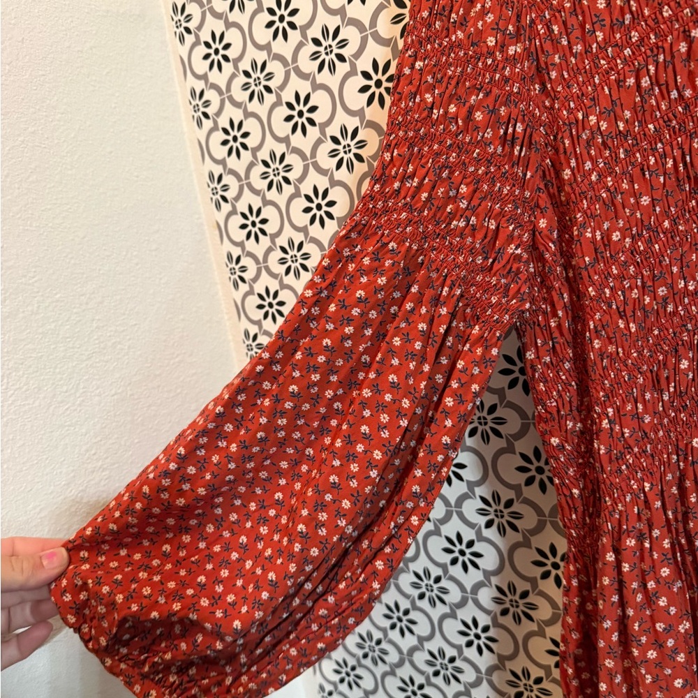 Madewell Red Smocked Long Sleeve Dress - Picture 4 of 8